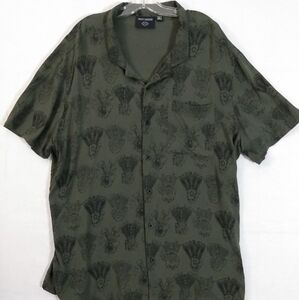 Mens 2XL Harley Davidson Shirt Button Up Engines Motors Aloha AOP OD Green Rayon